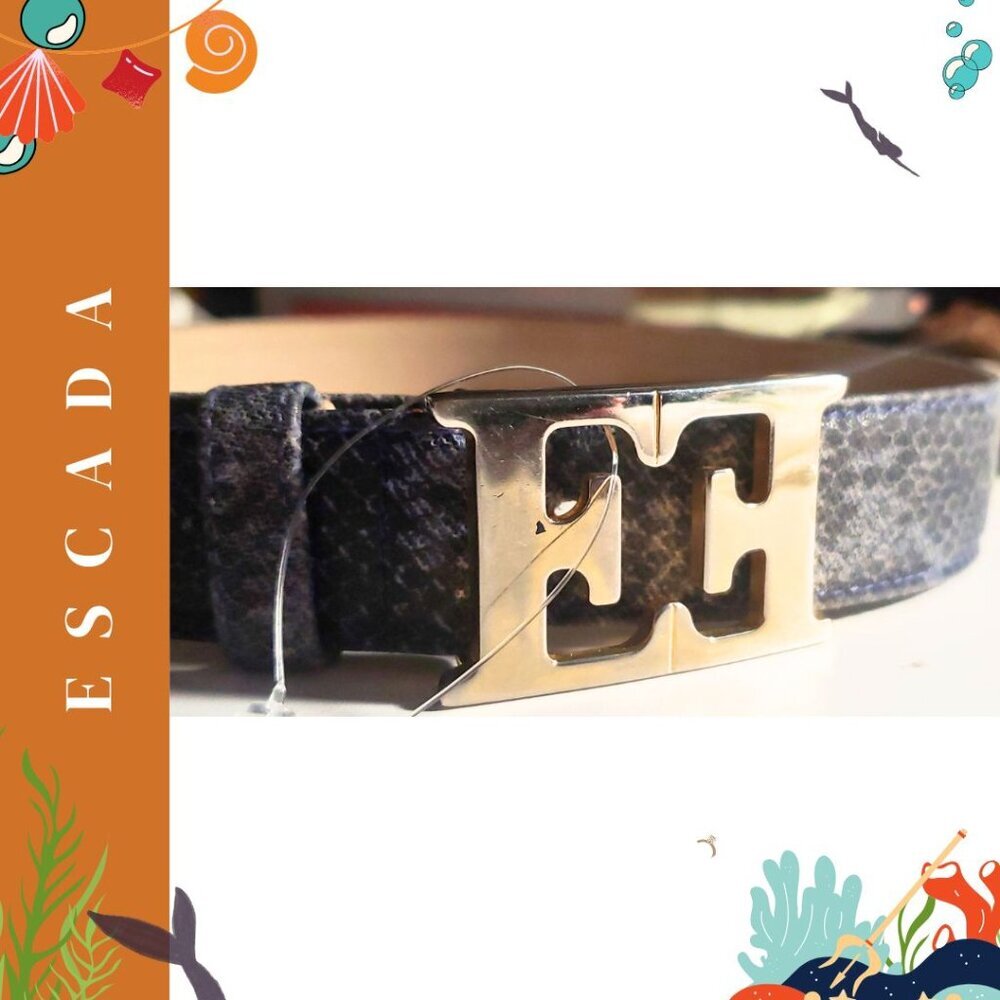 ESCADA Blue Reptile Embossed Leather Belt with Double "E" Silver-Tone Logo Buckl